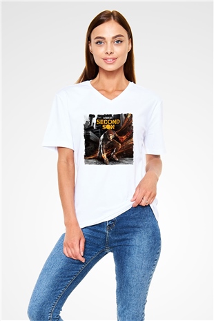 Infamous Beyaz Unisex V Yaka Tişört