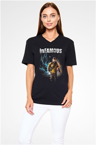 Infamous Siyah Unisex V Yaka Tişört