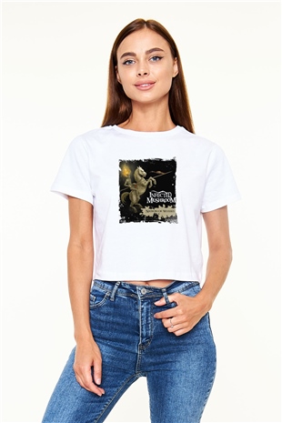 Infected Mushroom Baskılı Beyaz Kadın Crop Top Tişört
