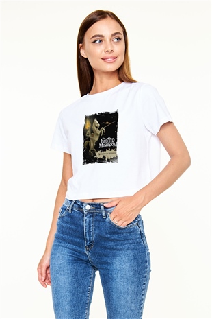 Infected Mushroom Baskılı Beyaz Kadın Crop Top Tişört