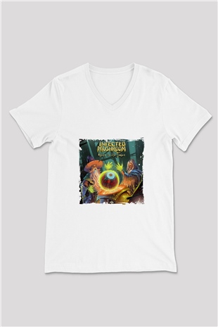 Infected Mushroom Baskılı Beyaz V Yaka Unisex Tişört