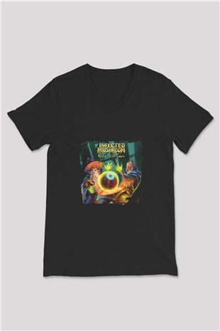 Infected Mushroom Baskılı Unisex Siyah V Yaka Tişört