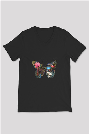 Infected Mushroom Baskılı Unisex Siyah V Yaka Tişört