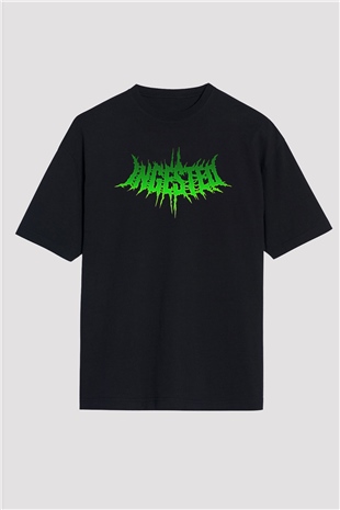 Ingested Baskılı Unisex Siyah Oversize Tişört - Tshirt