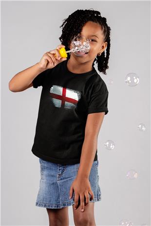 İngiltere - England Bayrağı Baskılı Unisex Siyah Çocuk Tişörtü