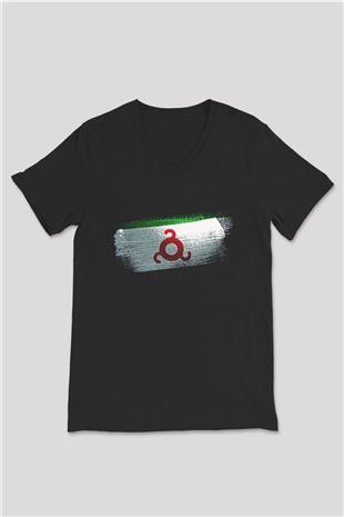 İnguşetya - İngushetia Bayrağı Baskılı Unisex Siyah V Yaka Tişört