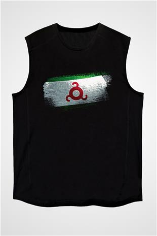 İnguşetya - İngushetia Bayrağı Baskılı Unisex Siyah Kolsuz Tişört