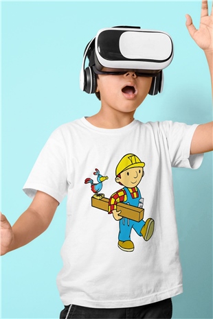 İnşaatçı Baskılı Beyaz Unisex Çocuk Tişört