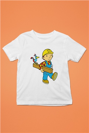 İnşaatçı Baskılı Beyaz Unisex Çocuk Tişört