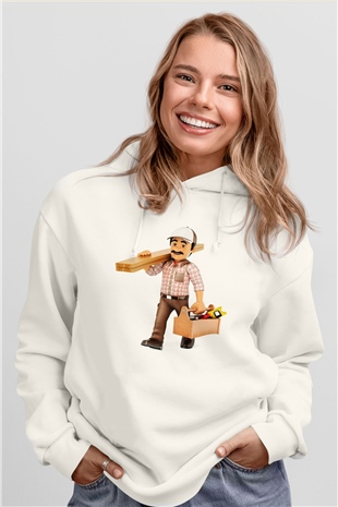 İnşaatçı Beyaz Unisex Hoodie