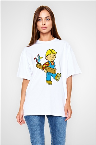 İnşaatçı Beyaz Unisex Oversize Tişört T-Shirt