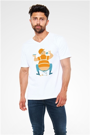 İnşaatçı Beyaz Unisex V Yaka Tişört