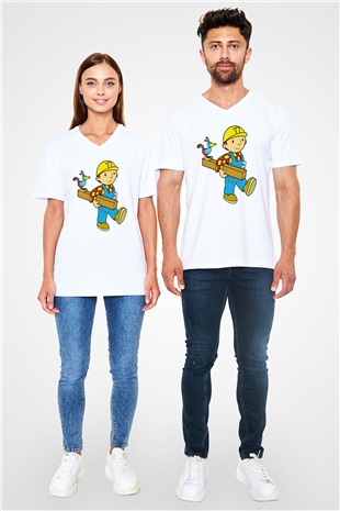 İnşaatçı Beyaz Unisex V Yaka Tişört T-Shirt