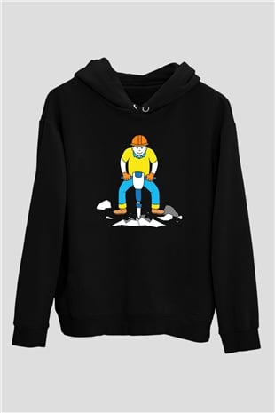 İnşaatçı Siyah Unisex Kapüşonlu Sweatshirt