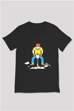 İnşaatçı Siyah Unisex V Yaka Tişört