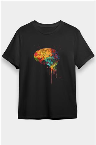 İnsan Beyin Renkli Baskılı Unisex Siyah Tişört - Tshirt