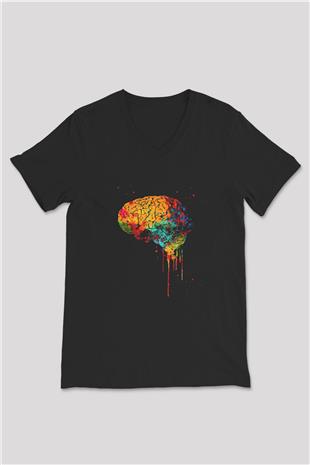 İnsan Beyin Renkli Baskılı Unisex V Yaka Siyah Tİşört - Tshirt