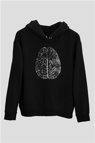 İnsan Beyni Baskılı Unisex Siyah Kapüşonlu Sweatshirt