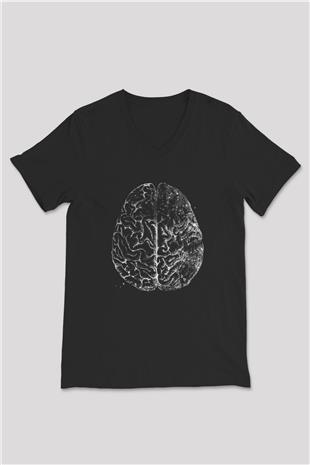 İnsan Beyni Baskılı Unisex V Yaka Siyah Tİşört - Tshirt