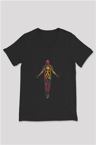 İnsan Damar Yapısı Renkli Baskılı Unisex V Yaka Siyah Tİşört - Tshirt