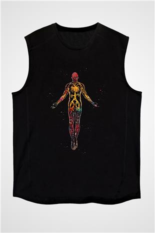 İnsan Damar Yapısı Renkli Baskılı Unisex Kolsuz Siyah Tişört - Tshirt
