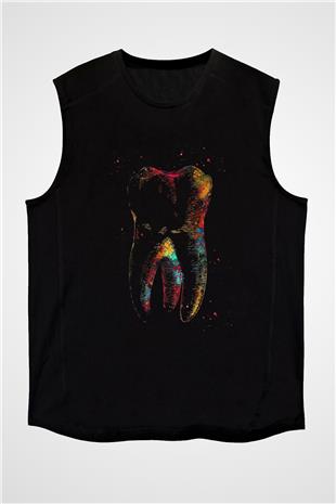 İnsan Dişi Renkli Baskılı Unisex Kolsuz Siyah Tişört - Tshirt