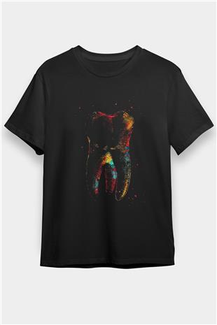 İnsan Dişi Renkli Baskılı Unisex Siyah Tişört - Tshirt