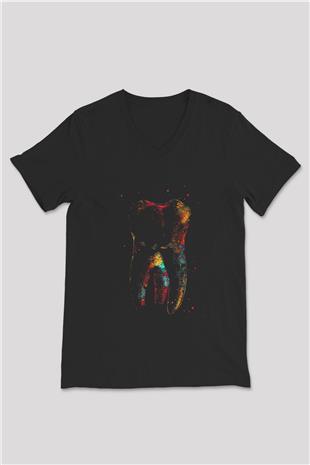 İnsan Dişi Renkli Baskılı Unisex V Yaka Siyah Tİşört - Tshirt