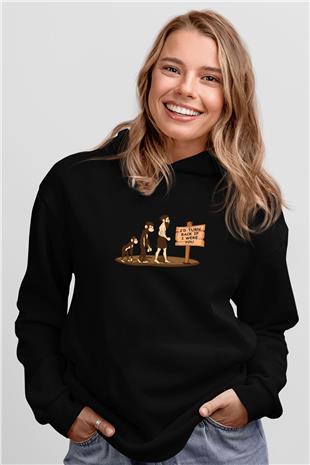 İnsan Evrim Çizim Baskılı Unisex Siyah Hoodie