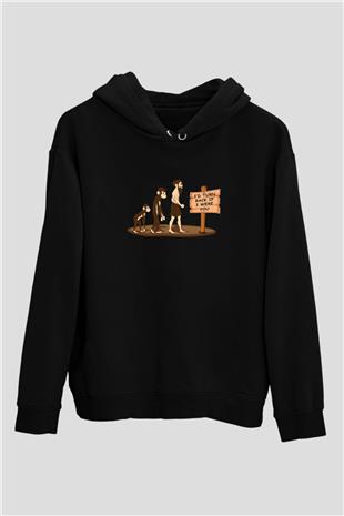 İnsan Evrim Çizim Baskılı Unisex Siyah Hoodie