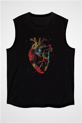 İnsan Kalbi Baskılı Unisex Kolsuz Siyah Tişört - Tshirt