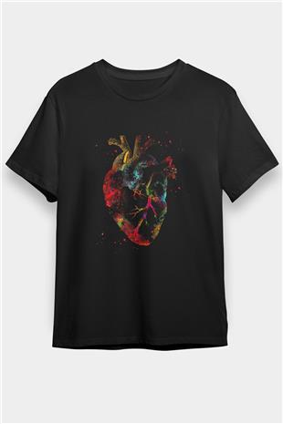 İnsan Kalbi Baskılı Unisex Siyah Tişört - Tshirt