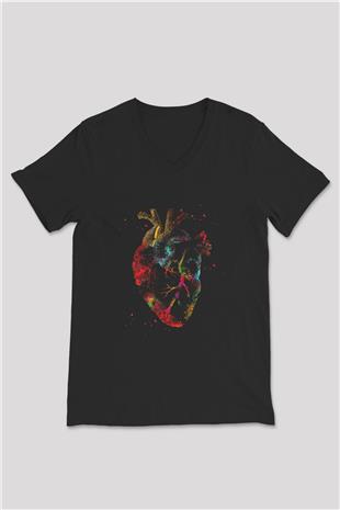İnsan Kalbi Baskılı Unisex V Yaka Siyah Tİşört - Tshirt