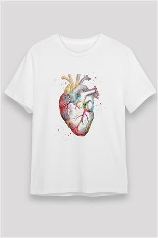İnsan Kalbi Renkli Baskılı Unisex Beyaz Tişört - Tshirt