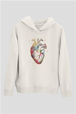 İnsan Kalbi Renkli Baskılı Unisex Ekru Hoodie