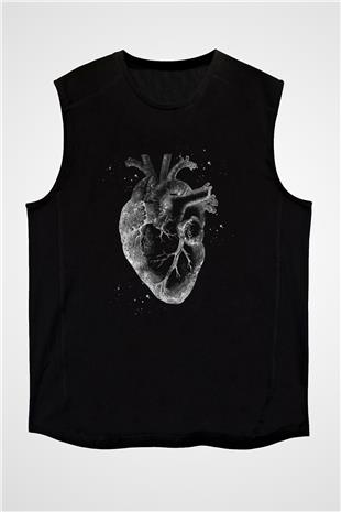 İnsan Kalbi Renkli Baskılı Unisex Kolsuz Siyah Tişört - Tshirt