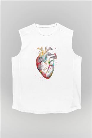 İnsan Kalbi Renkli Baskılı Unisex Kolsuz Beyaz Tişört - Tshirt