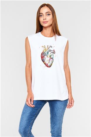 İnsan Kalbi Renkli Baskılı Unisex Kolsuz Beyaz Tişört - Tshirt