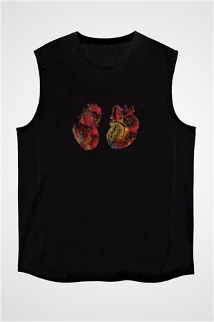 İnsan Kalbi Renkli Baskılı Unisex Kolsuz Siyah Tişört - Tshirt