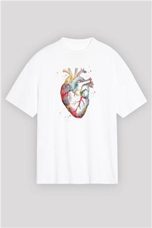 İnsan Kalbi Renkli Baskılı Unisex Oversize Beyaz Tişört - Tshirt