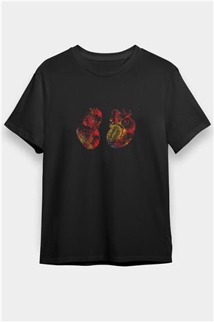 İnsan Kalbi Renkli Baskılı Unisex Siyah Tişört - Tshirt
