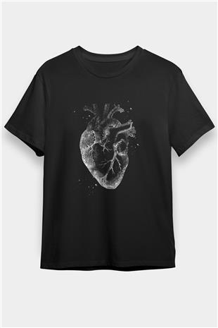 İnsan Kalbi Renkli Baskılı Unisex Siyah Tişört - Tshirt