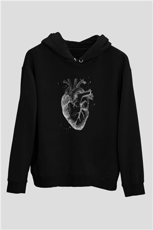 İnsan Kalbi Renkli Baskılı Unisex Siyah Kapüşonlu Sweatshirt