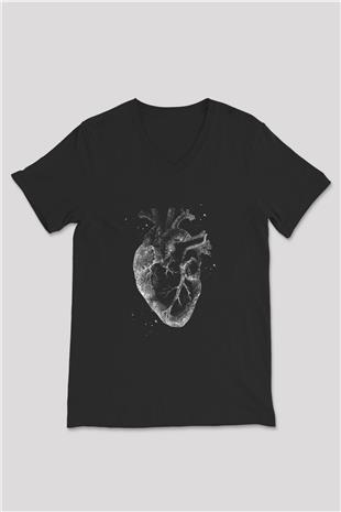 İnsan Kalbi Renkli Baskılı Unisex V Yaka Siyah Tİşört - Tshirt
