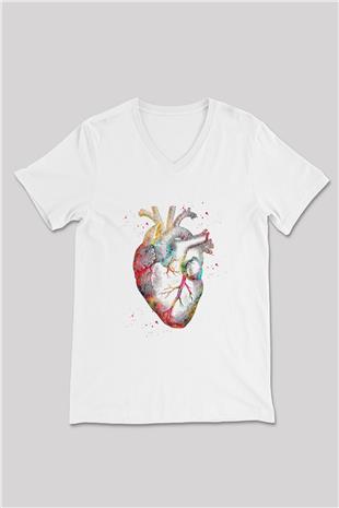 İnsan Kalbi Renkli Baskılı Unisex V Yaka Beyaz Tişört - Tshirt