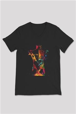 İnsan Kas Yapısı Renkli Baskılı Unisex V Yaka Siyah Tİşört - Tshirt