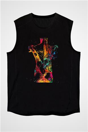 İnsan Kas Yapısı Renkli Baskılı Unisex Kolsuz Siyah Tişört - Tshirt