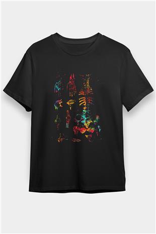 İnsan Kemikleri Renkli Baskılı Unisex Siyah Tişört - Tshirt