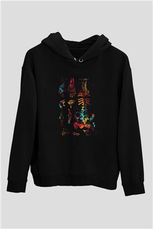 İnsan Kemikleri Renkli Baskılı Unisex Siyah Hoodie