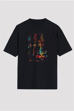 İnsan Kemikleri Renkli Baskılı Unisex Oversize Tişört - Tshirt